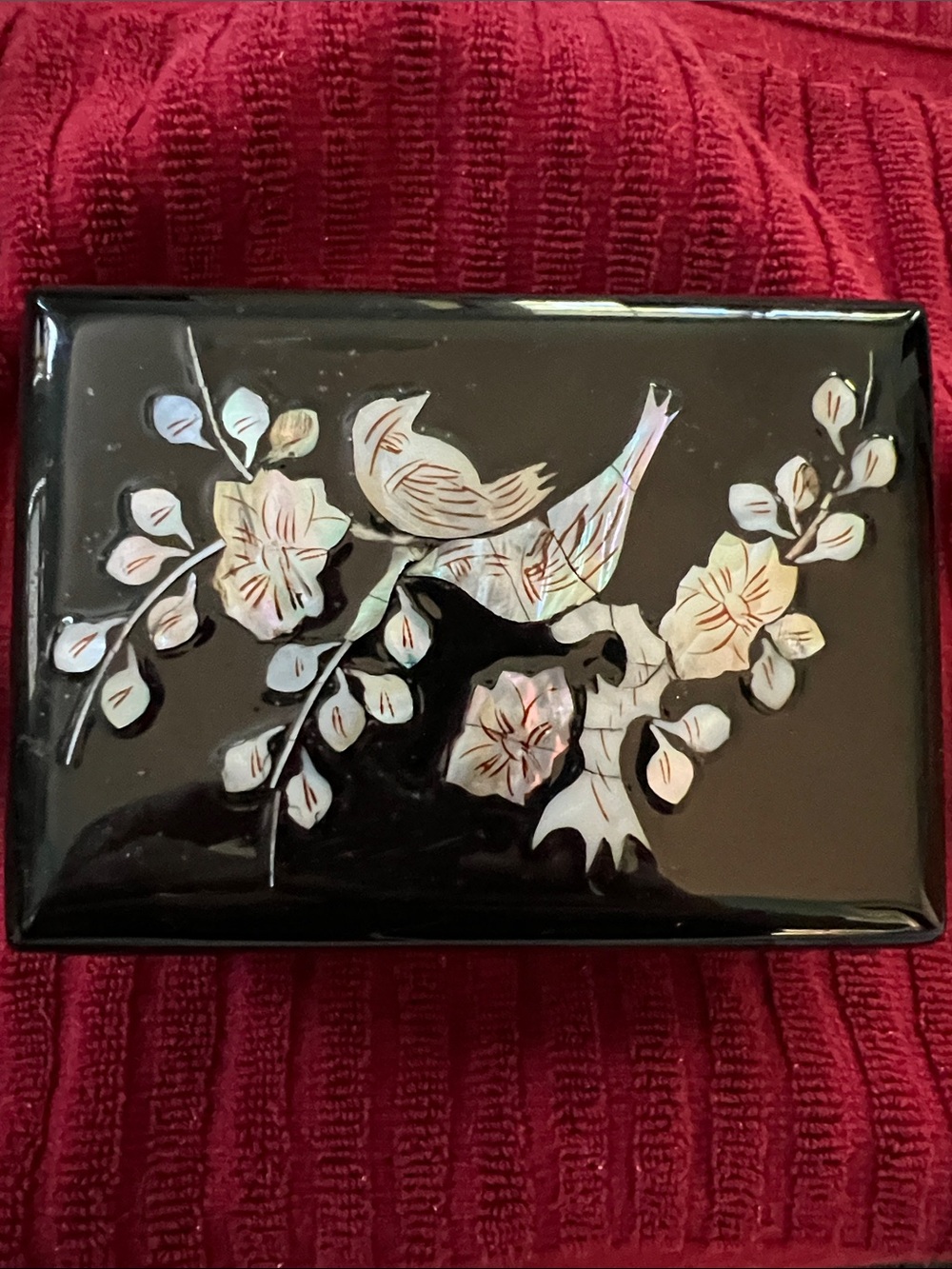Vintage Black Lacquer Mother of Pearl Inlay Jewelry Box with Mirror
